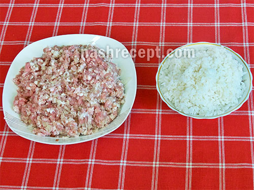 фарш и отварной рис для мясных котлет с рисом - farsh i otvarnoy ris dlya myasnyh kotlet s risom